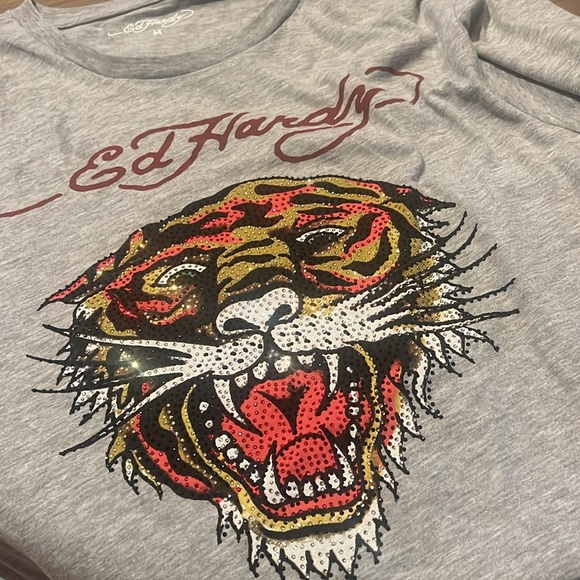 NEW🐯Ed Hardy RetroRHINESTONE TIGER TEE By Christian Audigier grey Unisex - Picture 7 of 7